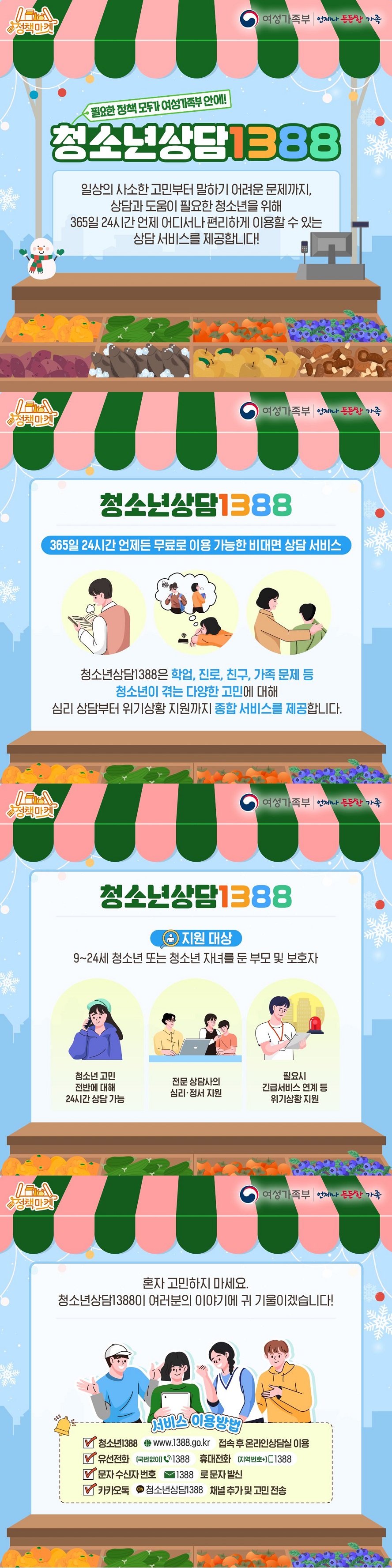필요한 정책 모두가 여성가족부 안에! 청소년상담1388 일상의 사소한 고민부터 말하기 어려운 문제까지, 상담과 도움이 필요한 청소년을 위해 365일 24시간 언제 어디서나 편리하게 이용할 수 있는 상담 서비스를 제공합니다! 정책마켓 여성가족부 ■ 청소년상담1388 365일 24시간 언제든 무료로 이용 가능한 비대면 상담 서비스. 청소년상담1388은 학업, 진로, 친구, 가족 문제 등 청소년이 겪는 다양한 고민에 대해 심리 상담부터 위기상황 지원까지 종합 서비스를 제공합니다. ■ 지원 대상 9~24세 청소년 또는 청소년 자녀를 둔 부모 및 보호자 · 청소년 고민 전반에 대해 24시간 상담 가능 · 전문 상담사의 심리·정서 지원 · 필요시 긴급서비스 연계 등 위기상황 지원 혼자 고민하지 마세요. 청소년상담1388이 여러분의 이야기에 귀 기울이겠습니다. ■ 서비스 이용방법 · 청소년1388 www.1388.go.kr 접속 후 온라인상담실 이용 · 유선전화 (국번없이) ☎1388 / 휴대전화 (지역번호+) 1388 · 문자 수신자 번호 1388로 문자 발신 · 카카오톡 청소년상담1388 채널 추가 및 고민 전송